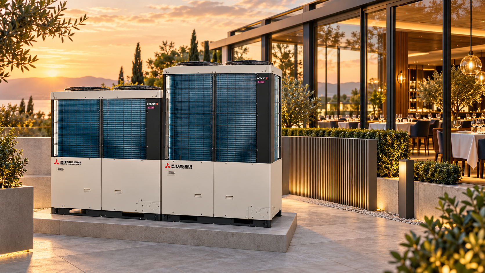 Mitsubishi Heavy KXZ2 VRF dış ünitelerinin modern bir restoranın dış teknik terasında gösterildiği temsili ürün ve mekân kompozisyonu